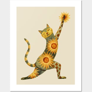 Yoga Cat with Boho Sunflower Pattern Posters and Art